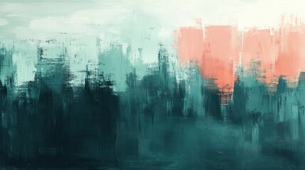 An abstract art piece featuring textured brush strokes in teal and coral, creating a vibrant, emotional landscape that evokes tranquility and depth.