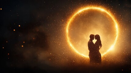 Fototapeta premium A silhouette of a couple kissing under a glowing halo, surrounded by a starry background, evoking romance and intimacy.