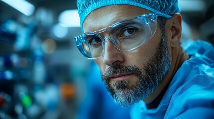 Surgeon preparing for jawline implant surgery in a modern operating room setting