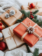 A cozy Christmas party scene with beautifully wrapped gifts, festive lights and traditional decorations.