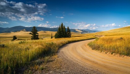 tranquil rural dirt road curving through the prairie toward lolo national forest in helena montana