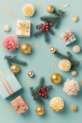 Beauriful Christmas pattern made of Christmas decoration, gifts and fir branches on blue pastel background. Flat lay, top view.
