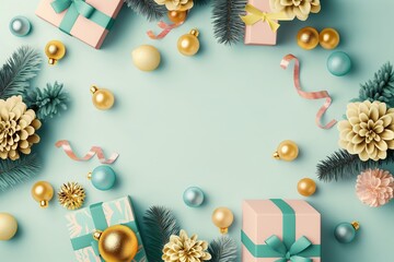 Beauriful Christmas frame made of Christmas decoration, gifts and fir branches on blue pastel background. Flat lay, top view.
