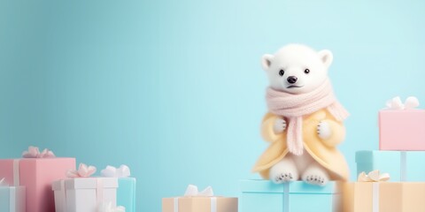 A cute little white polar bear in warm winter clothes standing and looking out of gift boxes. Pastel colors. Abstract Christmas concept.
