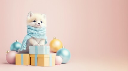 A cute little white arctic fox in warm winter clothes standing and looking out of gift boxes. Pastel colors. Abstract Christmas concept.

