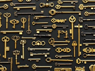 Obraz premium A collection of vintage keys arranged artistically on a dark background.