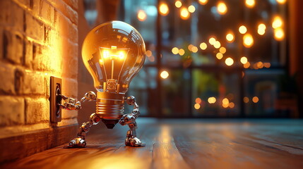 A robot-shaped light bulb plugs itself into a wall socket in a cozy interior with warm bokeh lighting, symbolizing creativity and self-powering energy. 