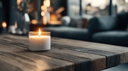 Close-up of a lit candle on a wooden table in a cozy, softly lit living room with blurred background ambiance.