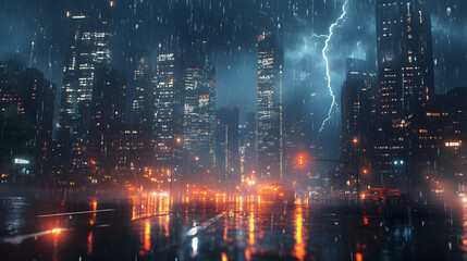 Obraz premium cityscape city downtown storm heavy rainfall thunderstorm lightning rain traffic road lights cars street rainy natural disaster rainstorm flooding destruction damage nature environment adverse weather