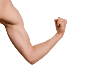 Male arm of caucasian young man muscles close-up, front view, png, isolated on transparent background. fist expressing strength and power