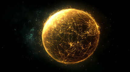 A glowing planet featuring a radiant yellow grid of lines that represent the communication and connection between cities worldwide. Radiant. Illustration
