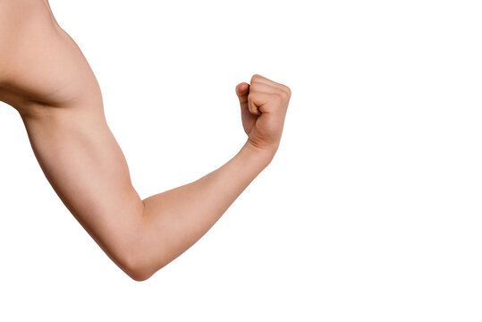 Male arm of caucasian young man muscles close-up, front view, png, isolated on transparent background. fist expressing strength and power