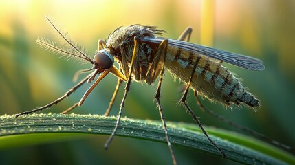 A close-up of a mosquito on grass.