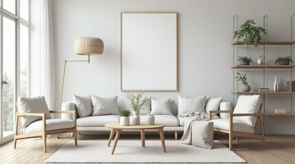 Fototapeta premium Modern Minimalist Living Room with Blank Art Mockup - Stylish Home Interior Decor Inspiration