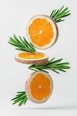 Fresh Orange Fruit Slice with Rosemary Sprigs for Creative Food Composition, Modern Kitchen Decor, and Culinary Arts Presentation