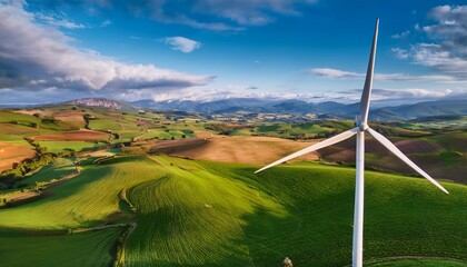 a lone wind turbine stands prominently amidst a vast lush green landscape symbolizing the solitary...