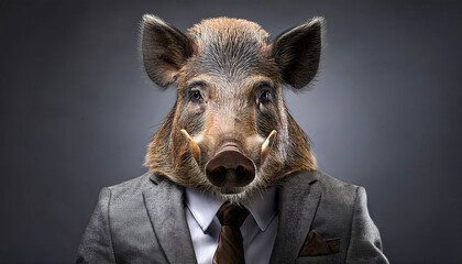 A wild boar in suit and tie