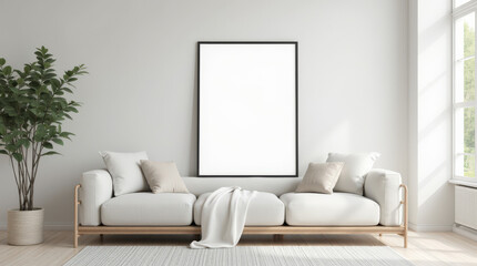Fototapeta premium Modern Minimalist Living Room with Blank Art Mockup - Stylish Home Interior Decor Inspiration
