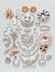 Fototapeta premium A collection of decorative jewelry pieces arranged aesthetically on a light background.