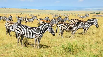 Obraz premium A herd of zebras graze in a savanna, their black and white stripes blending into the landscape.