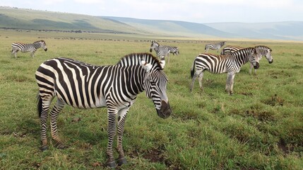 Obraz premium A herd of zebras graze on the African savanna.