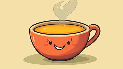 A Smiling Orange Mug with Steam and Yellow Liquid Inside