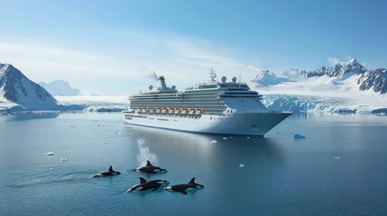 A large cruise ship sails through a glacial landscape with a pod of orcas swimming in the foreground.