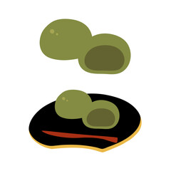 抹茶あんのまんじゅうの手描きカラーイラストセット