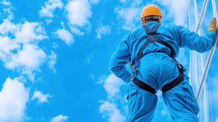 Obraz premium Construction Worker in Safety Harness Cleaning Glass on High Rise Building Against Bright Blue Sky with White Clouds, Showcasing Safety and Professionalism in Urban Environment