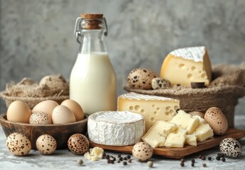 Fototapeta premium top view of fresh eggs, cheese, milk and bread on grey background. freshness and naturalness agricultural products. homemade and organic food