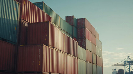 Fototapeta premium stack of containers in harbor, containership in the background, global trading theme. Harbor filled with big containers. Global trading industry. Global trading and buying, selling. Global trade impor