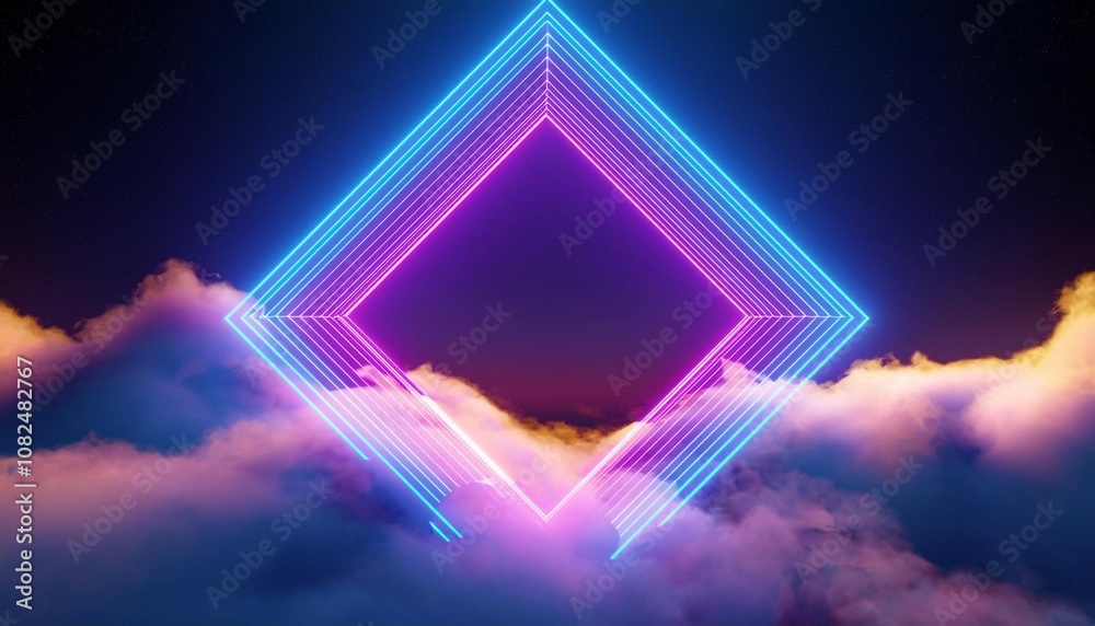 Wall mural abstract futuristic 3d rendering background with neon geometric shape and stormy clouds on night sky