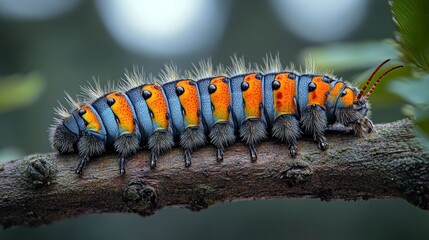 Fototapeta premium A vibrant caterpillar resting on a tree branch.