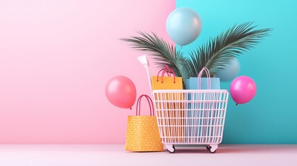 Keyword online relevance, A vibrant shopping cart filled with colorful gifts, balloons, and greenery, set against a playful pink and blue backdrop.