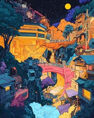 prototyping user friendly, Vibrant Urban Fantasy Illustration at Night