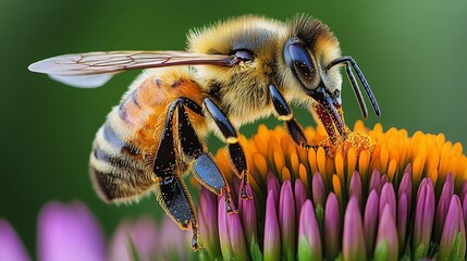 A close-up of a honeybee on a vibrant flower.