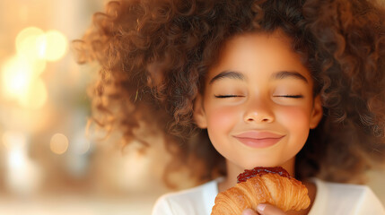 Naklejka premium A close-up of a French girl enjoying a croissant with strawberry jam in her chic kitchen, with light pouring through a small window. Her relaxed posture and serene smile highlight