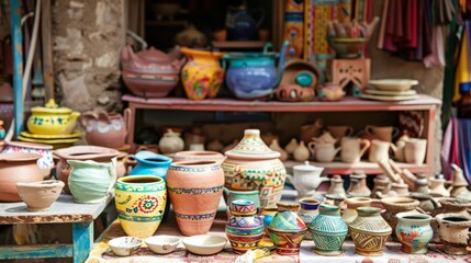 Fototapeta premium A vibrant pottery market with ceramics and pottery tools, Artisans showcasing their creations, Artisanal marketplace style