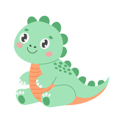 A green dinosaur with orange spots is sitting on a white background. It has a smile on its face