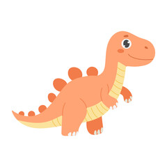 A pink dinosaur with a smile on its face. It has a yellow belly and pink legs. It is walking on a white background