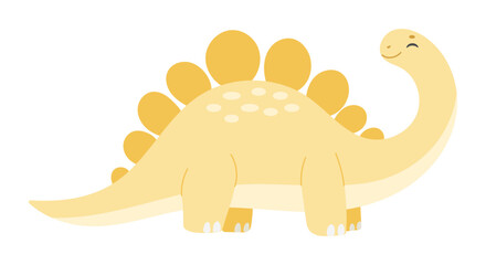 A yellow dinosaur with a smile on its face. It has a long neck and a long tail
