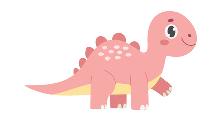 A pink dinosaur with a smile on its face. It has a yellow belly and pink legs. It is walking on a white background
