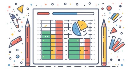 A sheet of paper with a graph, a pie chart, and pencils on a white background.