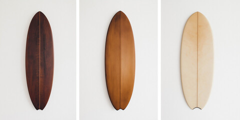 Fototapeta premium Three simple, minimalist photos of surfboards on a white background. Advertising banner