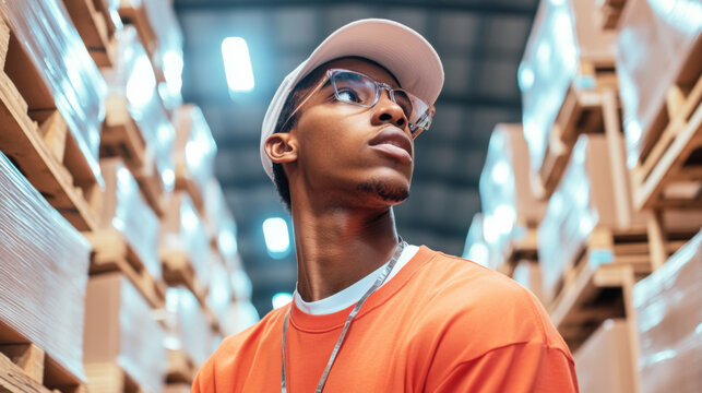 African american man in warehouse reaching for box, working, industrial logistics concept