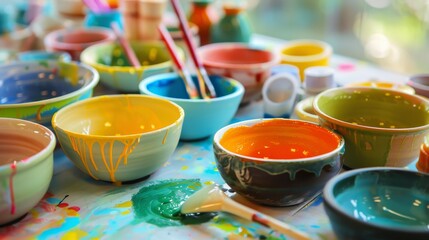 A vibrant pottery painting station with colorful glazes, Pottery pieces and painting tools laid out, Contemporary artistic style