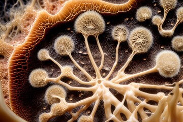 Natural fungus mycelium network texture closeup. Filaments of fungi microorganisms