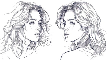 Line drawing of a woman's face with long hair on white background, viewed from both sides.