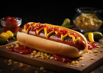hot dog with mustard and ketchup