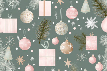 Festive christmas ornaments and gifts with pine branches, seamless pattern